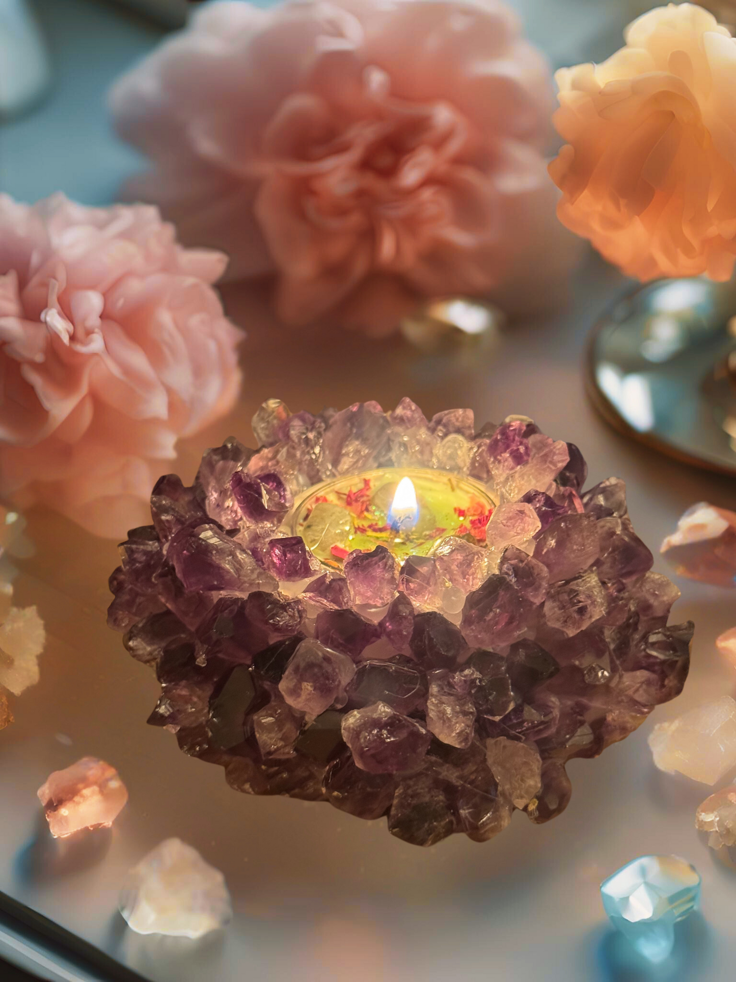 Amethyst Cluster Point Lotus Gemstone Candle Holder