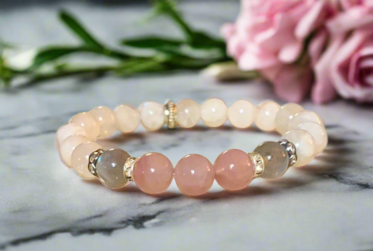 Hebe Gemstone Beaded Bracelet- Madagascar Rose Quartz, Labradorite, Moonstone