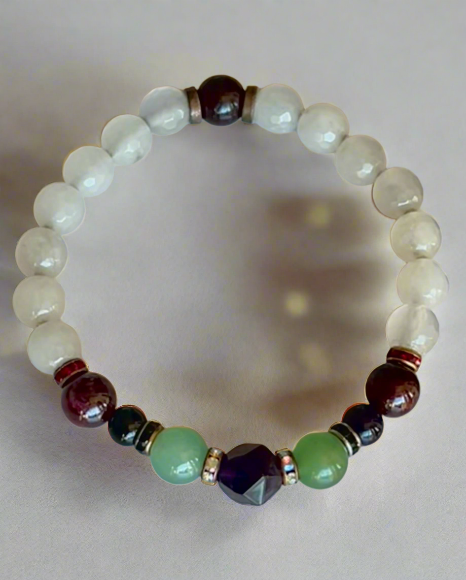 Tyche Gemstone Bracelet- White Jade, Garnet, Black Onyx, Green Aventurine, Amethyst