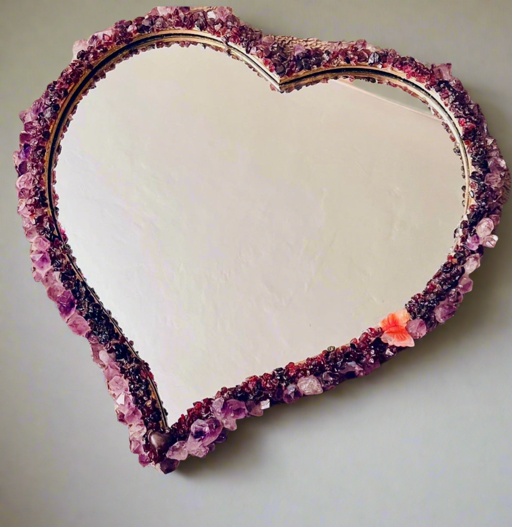 Amethyst and Garnet Encrusted Heart Shaped Mirror