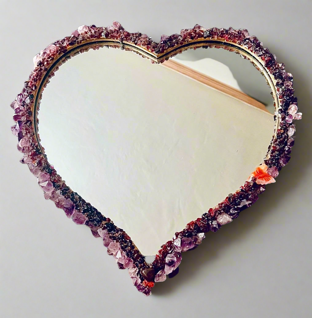 Amethyst and Garnet Encrusted Heart Shaped Mirror