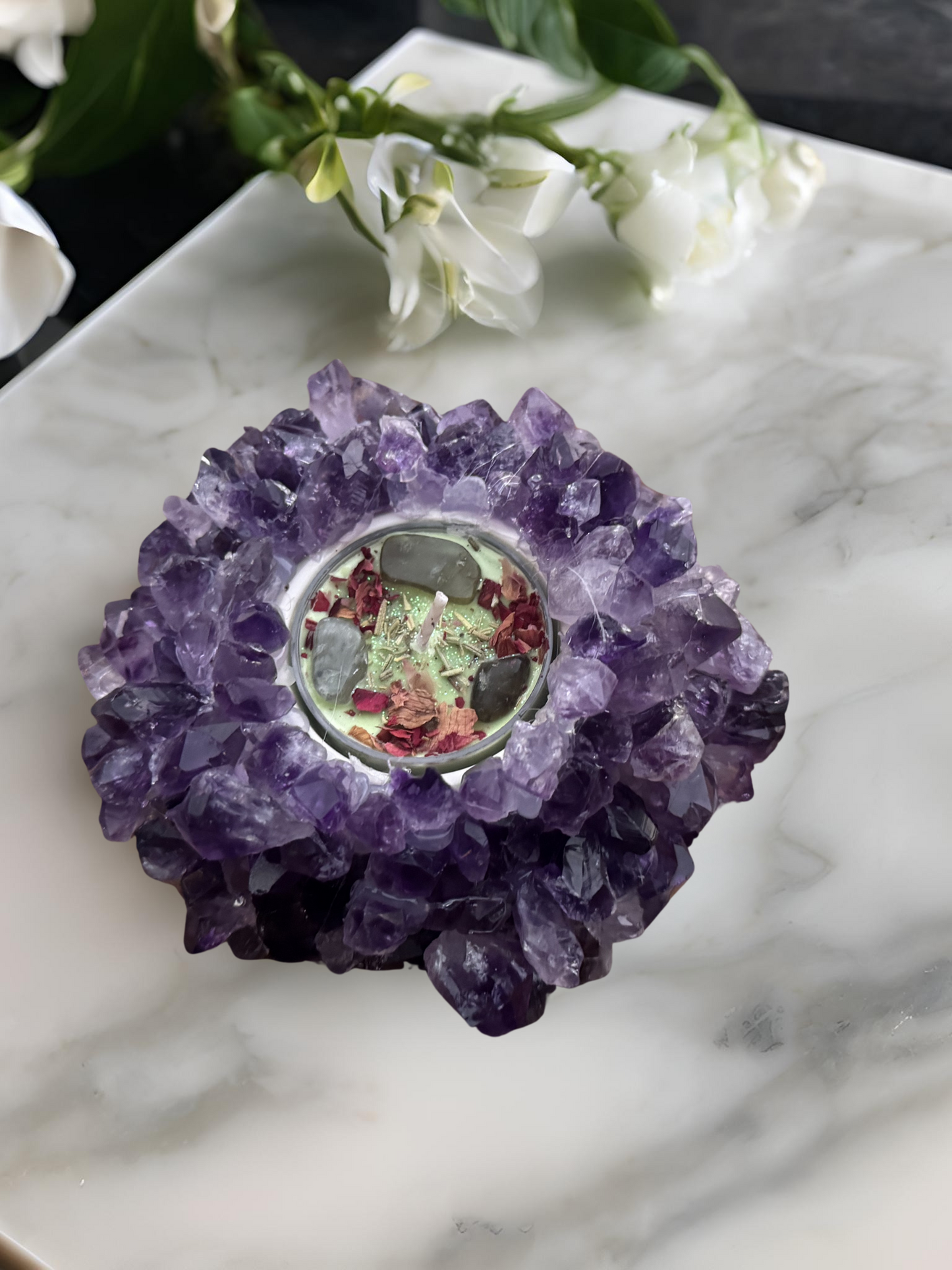 Amethyst Cluster Point Lotus Gemstone Candle Holder
