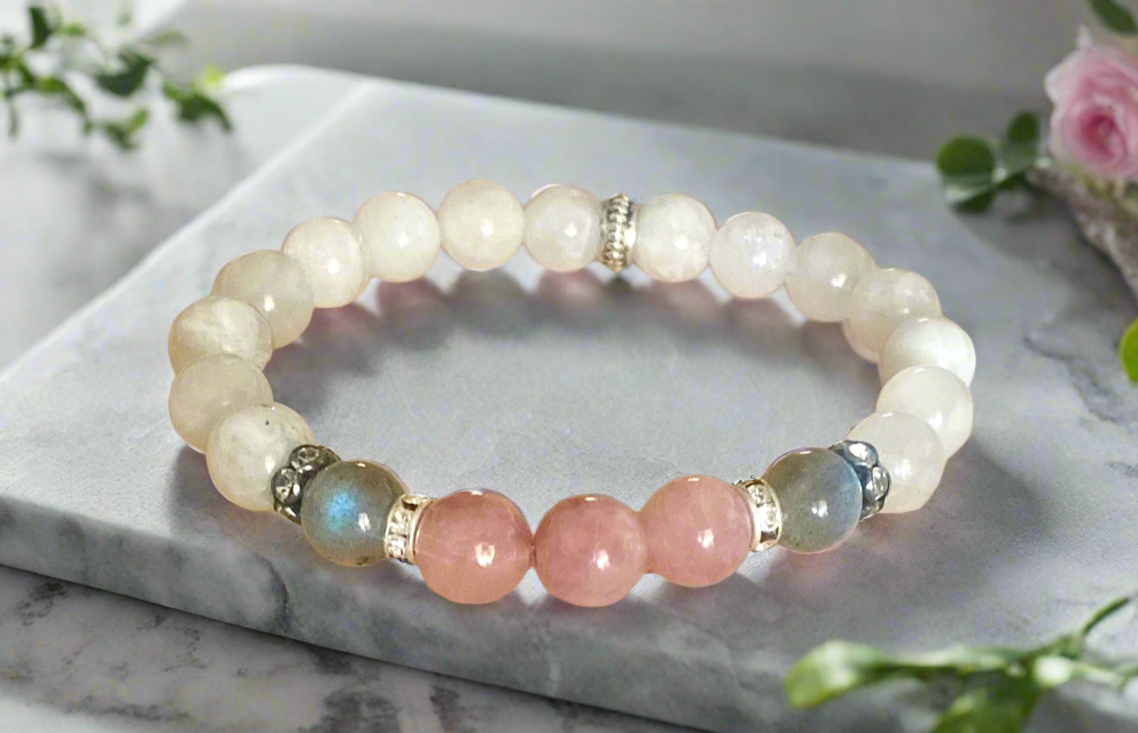 Hebe Gemstone Beaded Bracelet- Madagascar Rose Quartz, Labradorite, Moonstone