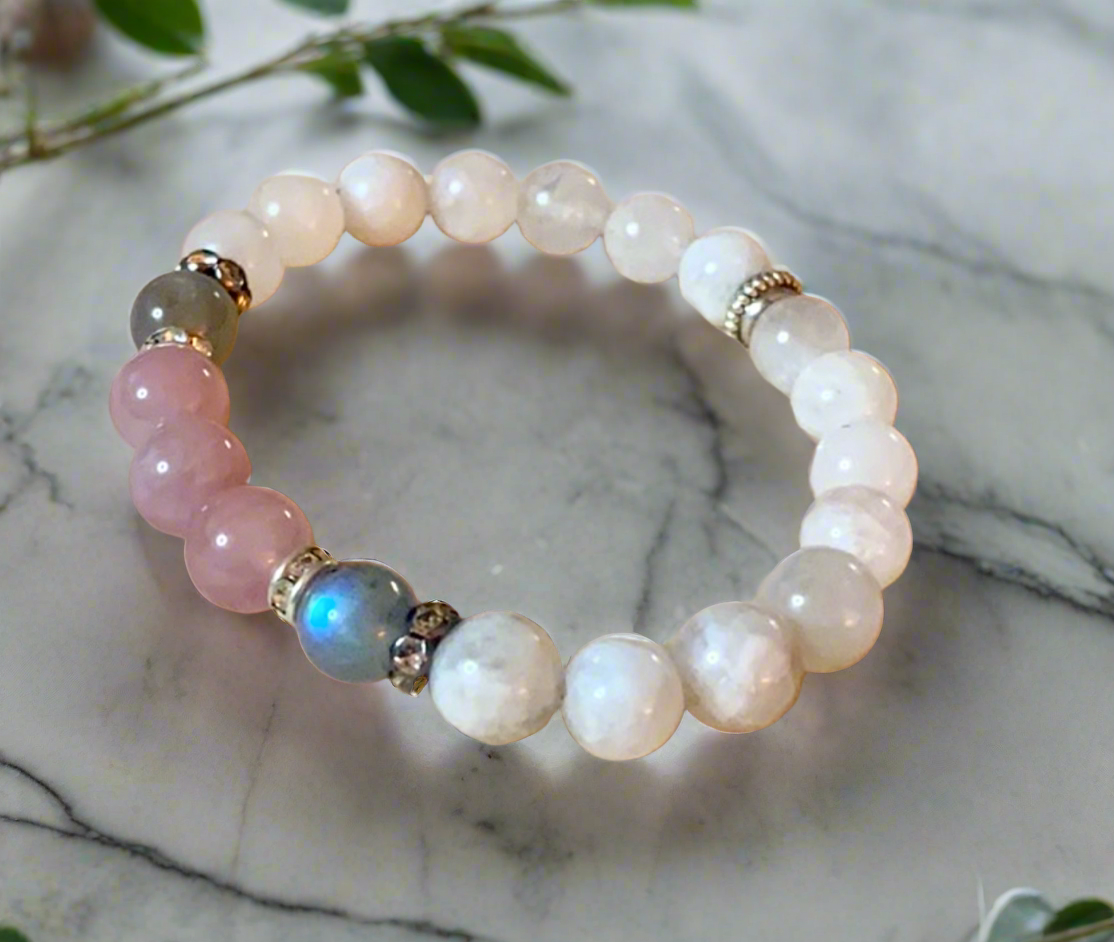 Hebe Gemstone Beaded Bracelet- Madagascar Rose Quartz, Labradorite, Moonstone