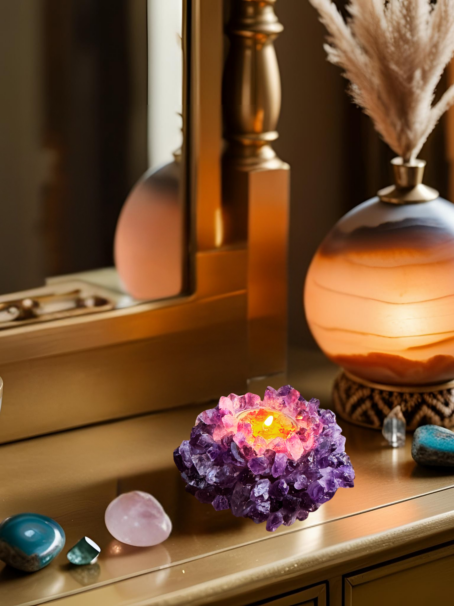 Amethyst Cluster Point Lotus Gemstone Candle Holder