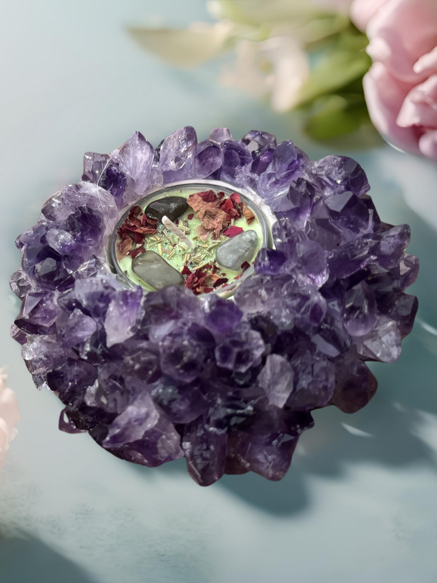 Amethyst Cluster Point Lotus Gemstone Candle Holder