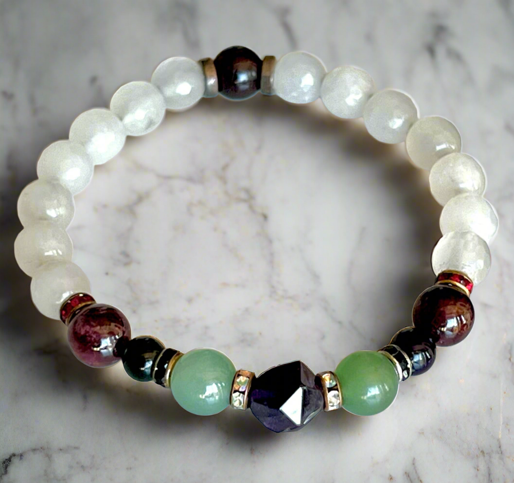Tyche Gemstone Bracelet- White Jade, Garnet, Black Onyx, Green Aventurine, Amethyst
