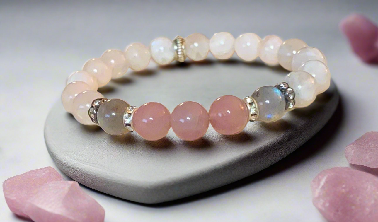 Hebe Gemstone Beaded Bracelet- Madagascar Rose Quartz, Labradorite, Moonstone