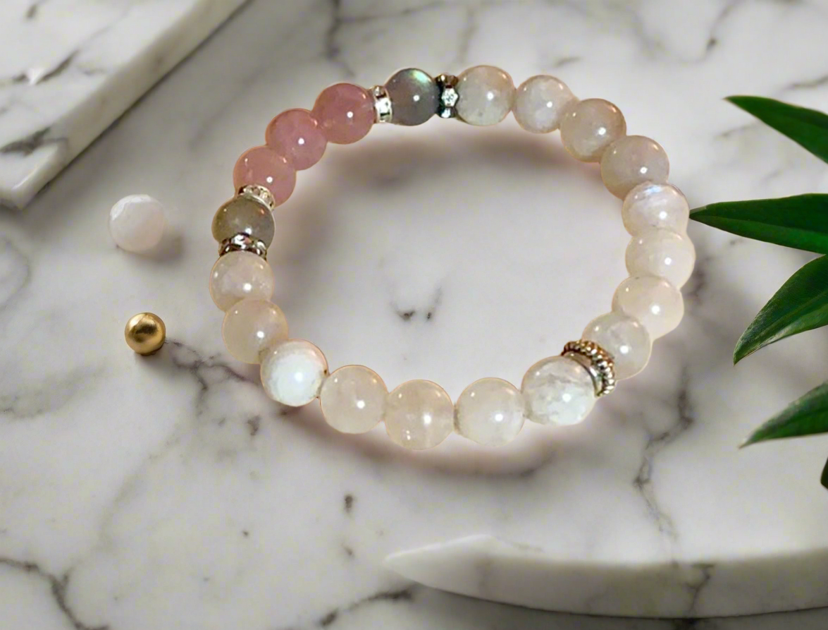 Hebe Gemstone Beaded Bracelet- Madagascar Rose Quartz, Labradorite, Moonstone