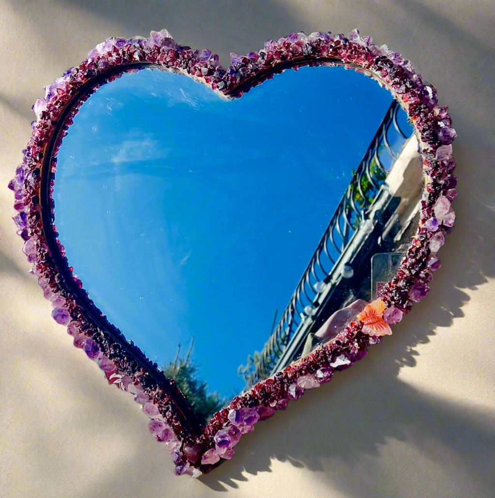 Amethyst and Garnet Encrusted Heart Shaped Mirror