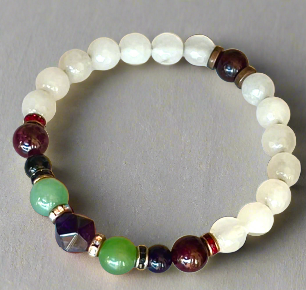 Tyche Gemstone Bracelet- White Jade, Garnet, Black Onyx, Green Aventurine, Amethyst