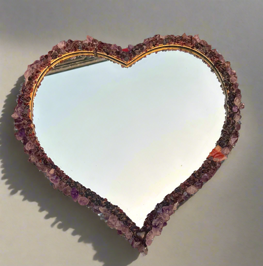 Amethyst and Garnet Encrusted Heart Shaped Mirror