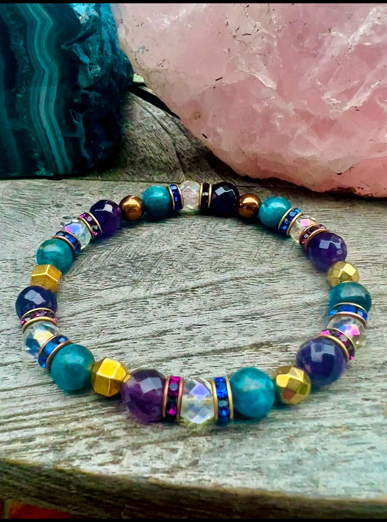 Gaia Bracelet- Amethyst, Blue Apatite, Rainbow Aura Quartz, Gold Hematite