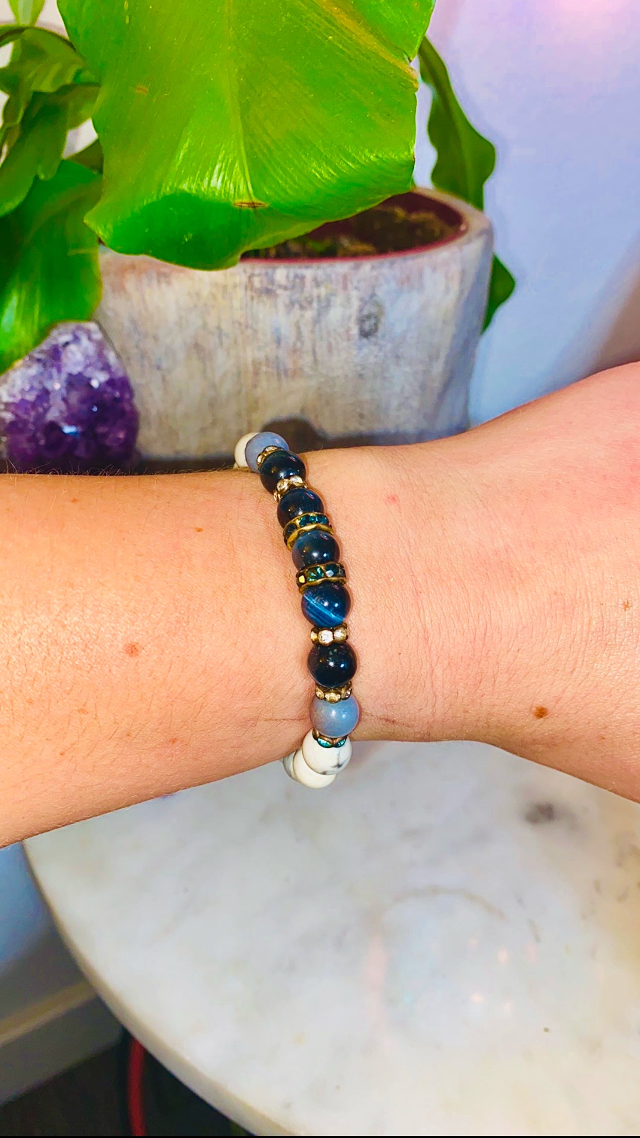 Elektra Gemstone Beaded Bracelet- White Howlite, Angelite, Blue Tiger’s Eye