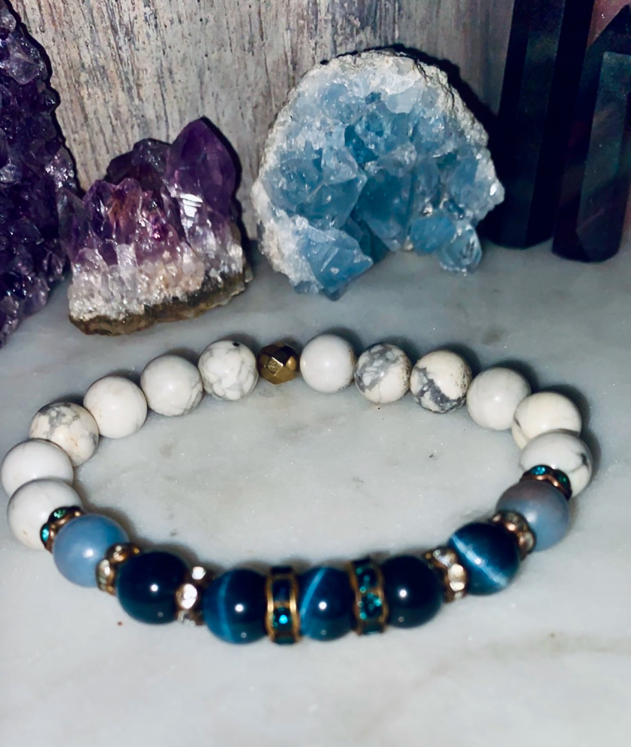 Elektra Gemstone Beaded Bracelet- White Howlite, Angelite, Blue Tiger’s Eye