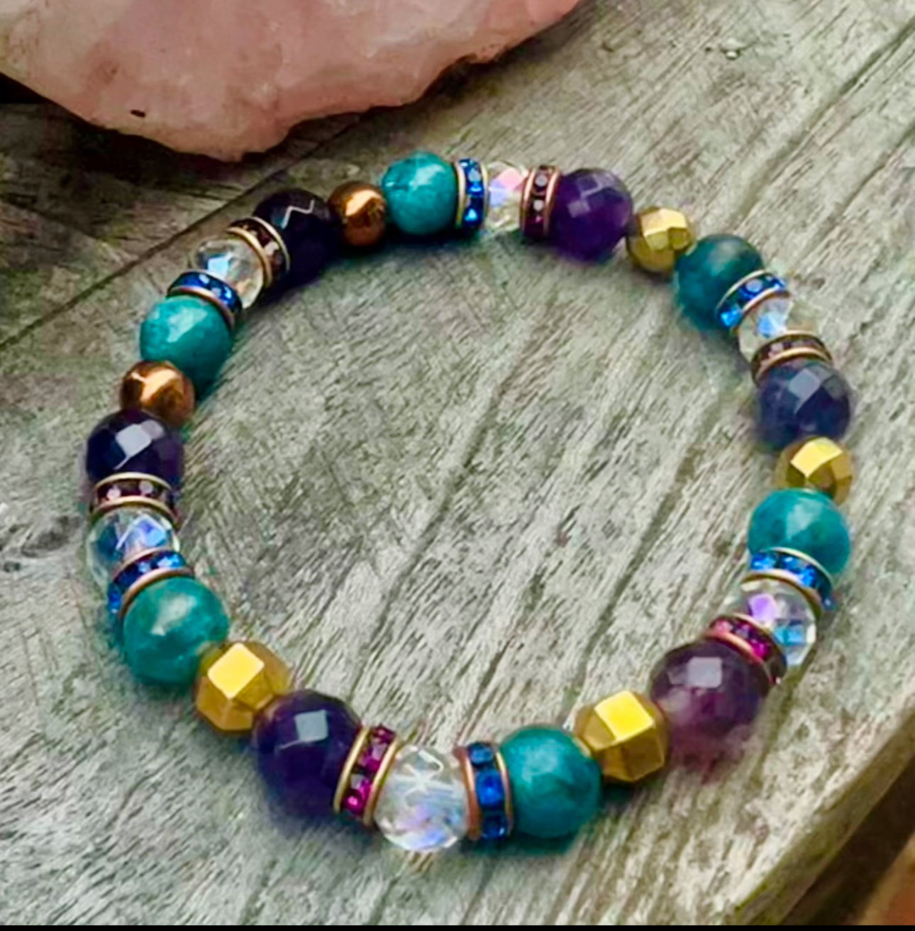 Gaia Bracelet- Amethyst, Blue Apatite, Rainbow Aura Quartz, Gold Hematite