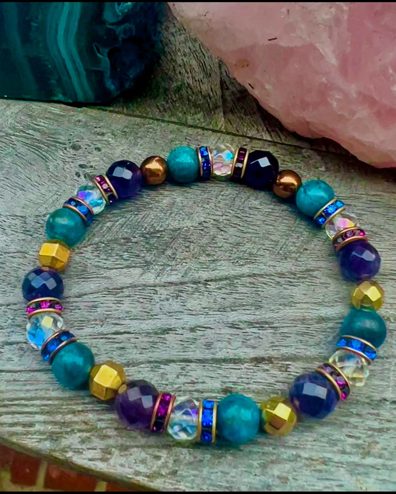Gaia Bracelet- Amethyst, Blue Apatite, Rainbow Aura Quartz, Gold Hematite
