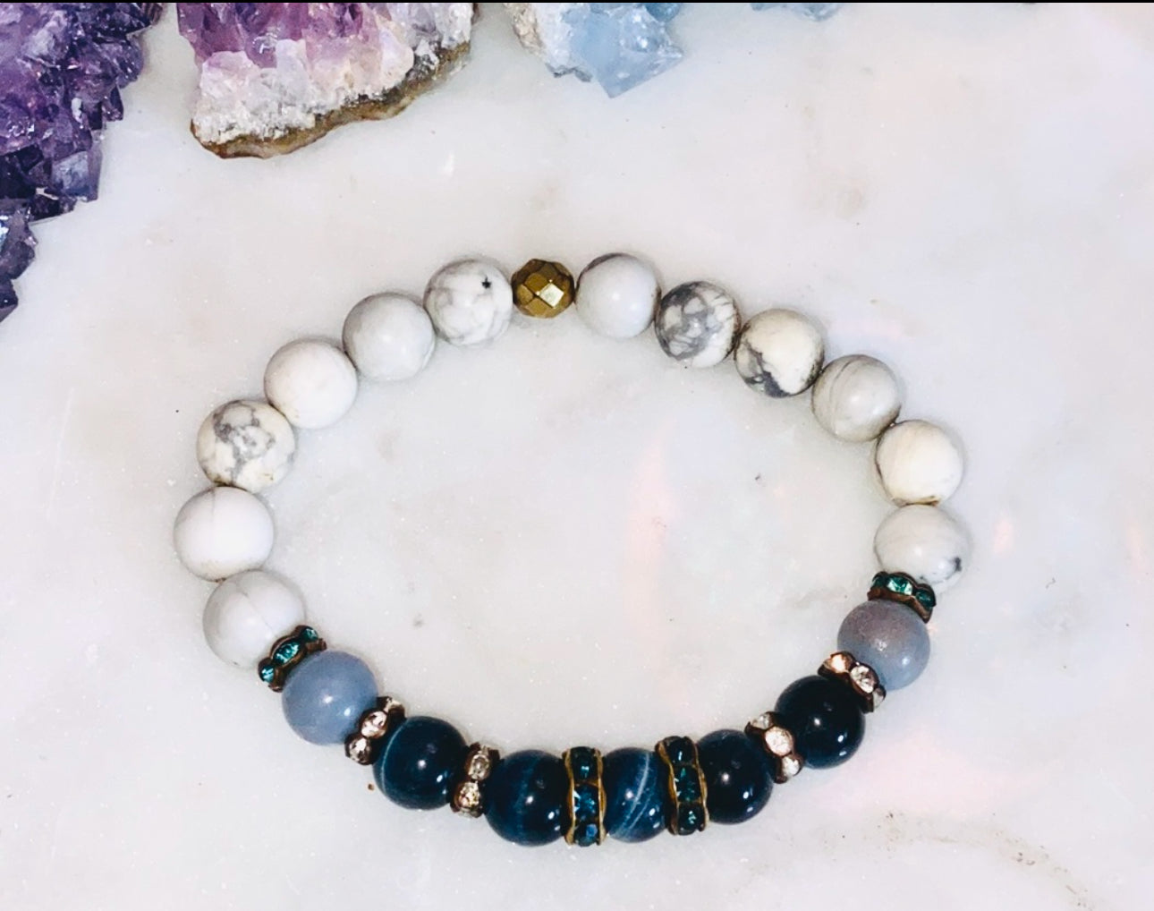 Elektra Gemstone Beaded Bracelet- White Howlite, Angelite, Blue Tiger’s Eye