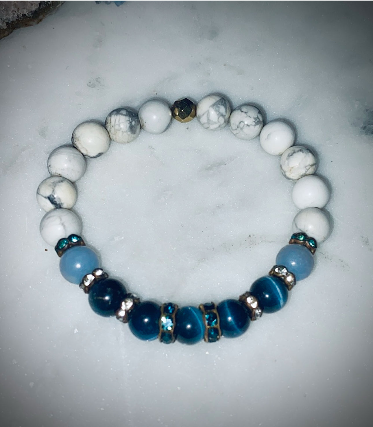 Elektra Gemstone Beaded Bracelet- White Howlite, Angelite, Blue Tiger’s Eye