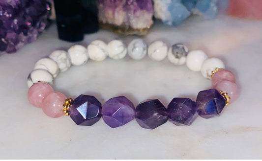 Astrea Gemstone Beaded Bracelet ✨star cut Amethyst, Rose Quartz, white howlite