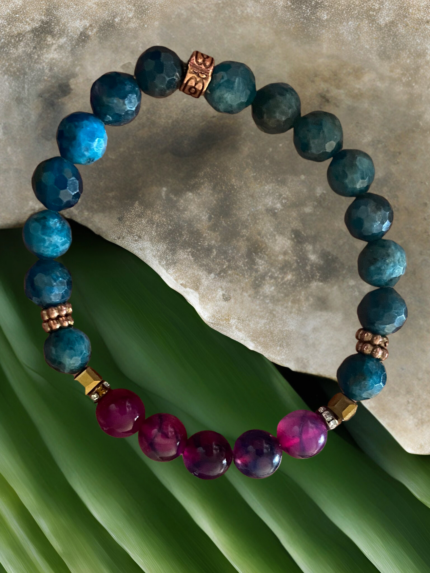 Hera Gemstone Beaded Bracelet- Blue Apatite and Purple Dragon’s Vein Agate
