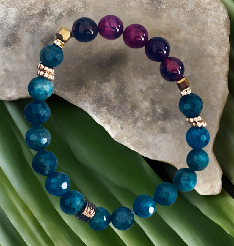 Hera Gemstone Beaded Bracelet- Blue Apatite and Purple Dragon’s Vein Agate