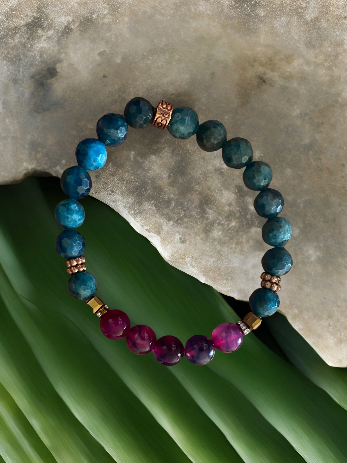 Hera Gemstone Beaded Bracelet- Blue Apatite and Purple Dragon’s Vein Agate