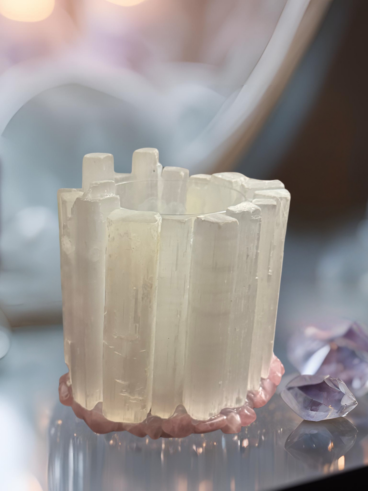 Selene Moon Goddess Selenite and Rose Quartz Candle Holder