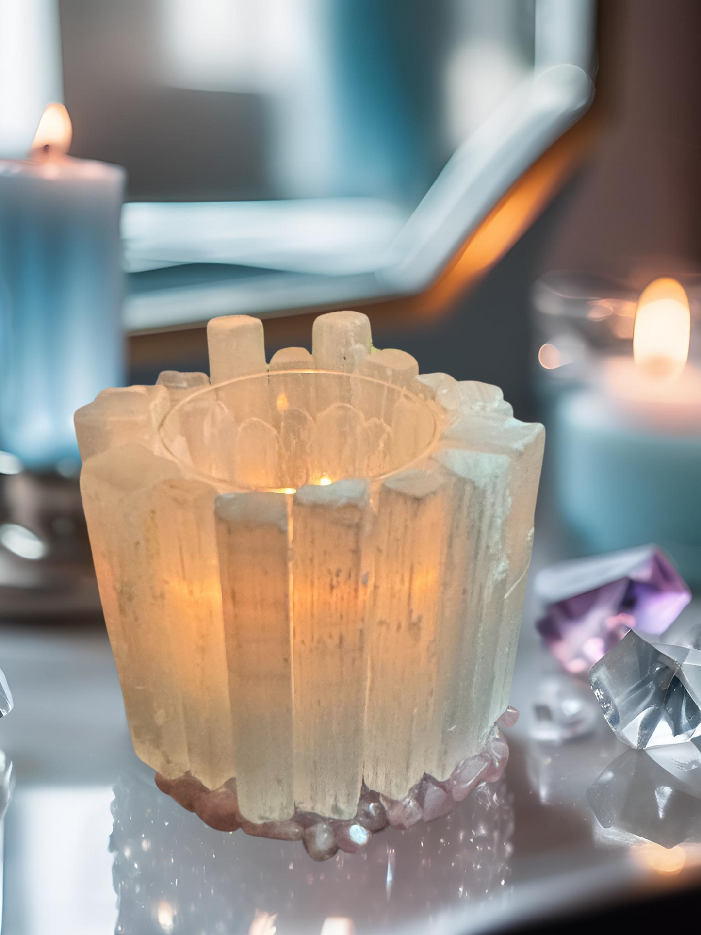 Selene Moon Goddess Selenite and Rose Quartz Candle Holder