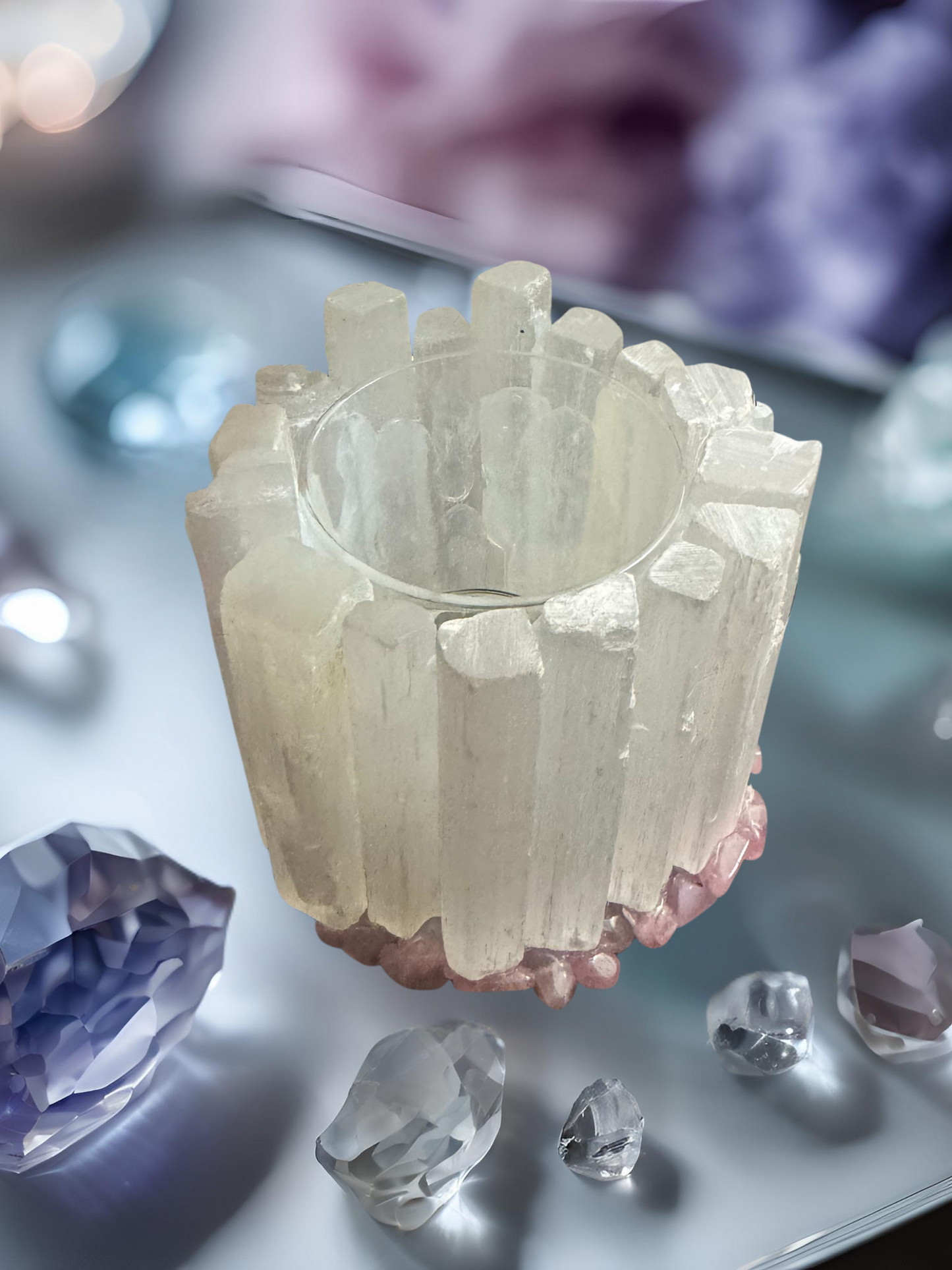 Selene Moon Goddess Selenite and Rose Quartz Candle Holder