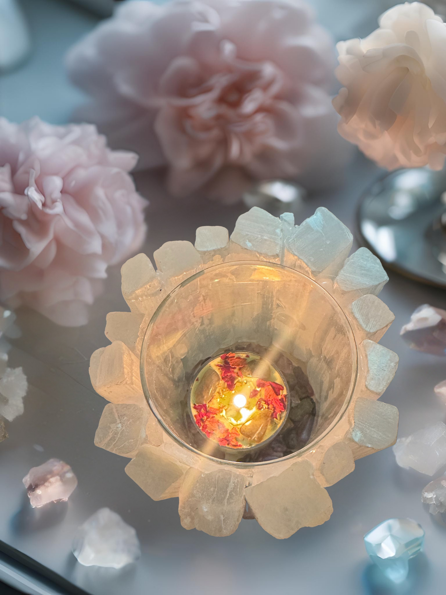 Selene Moon Goddess Selenite and Rose Quartz Candle Holder