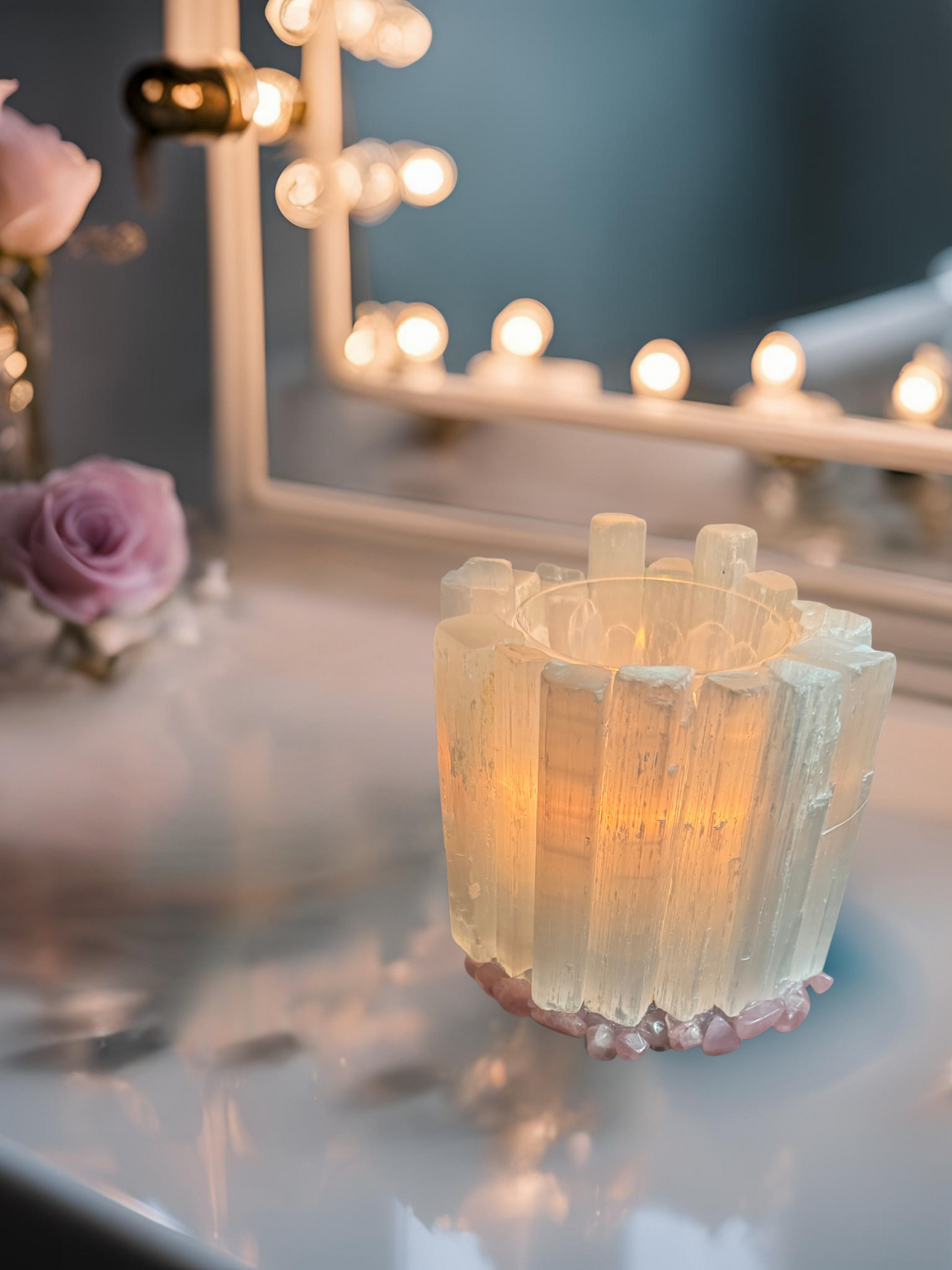 Selene Moon Goddess Selenite and Rose Quartz Candle Holder
