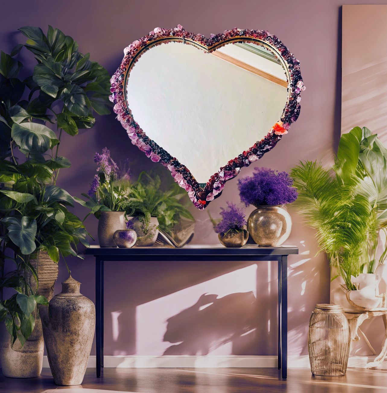 Amethyst and Garnet Encrusted Heart Shaped Mirror
