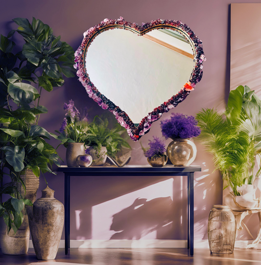 Amethyst and Garnet Encrusted Heart Shaped Mirror